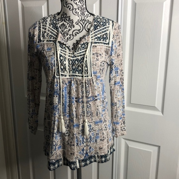 Lucky Brand Top Blue White Bohemian Tassel S Gorp Core - Picture 1 of 7